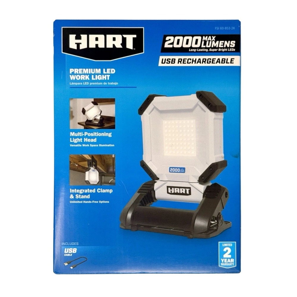 HART 2000 Lumen USB Rechargeable LED Work Light Portable Clamp Stand Floodlight